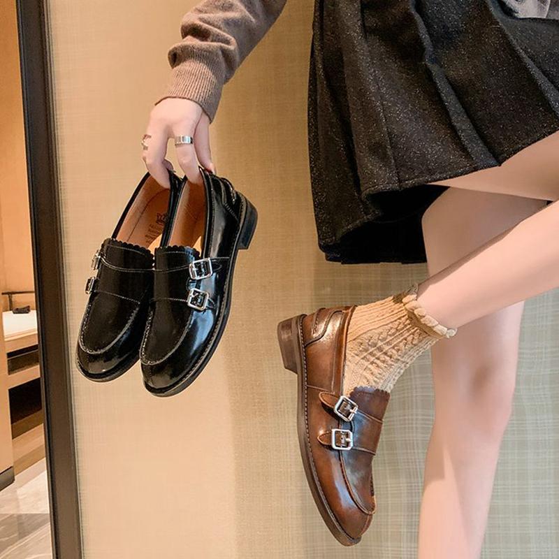 Fashion Women's new leather cowhide round toe mid heel metal belt buckle college style single shoe retro casual shoes