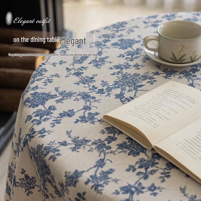 Nordic Cotton Linen Round Tablecloth - Advanced Blue Floral Design, Retro Pastoral Style for Dining and Photo Backgrounds
