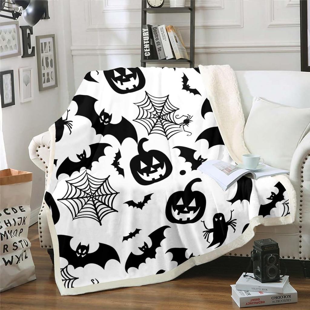 Halloween Ghost Blanket Soft Fleece Throw Pumpkin Spider Web Design Home Decor Party Gift Kids Room