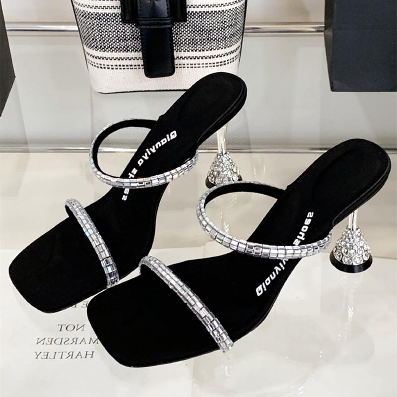 Fashion Luxury Rhinestone Open Toe Women Sandals Square Toe Thin Heel Designer Slide Sandals Summer Fashion High Heel Shoes for Woman