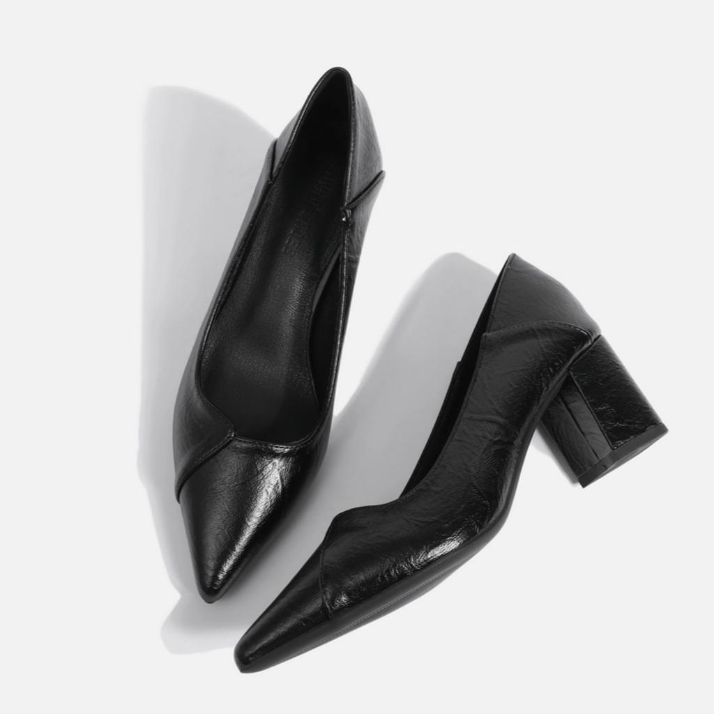 Myke skinnsko med høye hæler, spisse jobbsko, plissert stikningstemperament, damesko, sko med tykke hæler