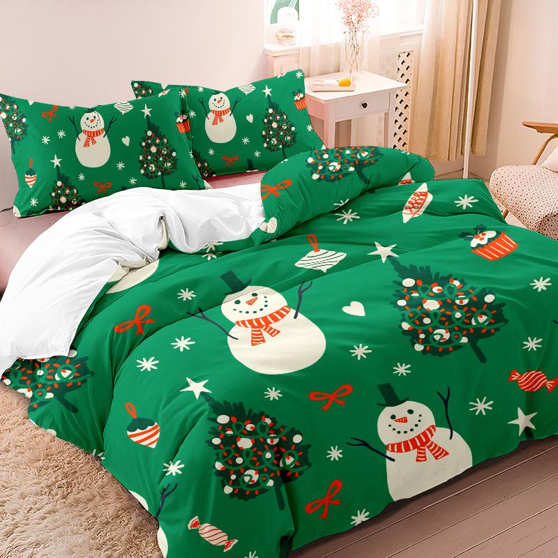 3pcs Christmas Snowman Tree Bedding Set - Ultra-Soft, Breathable, Light Beige-Friendly, Durable, Wrinkle-Resistant, Fade-Proof