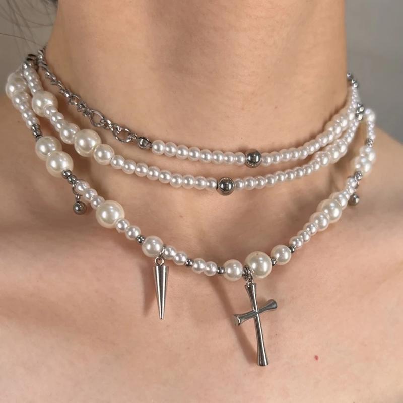 Hot Selling Goth Rose Flower Imitation Pearl Cross Pendant Necklace for MenMulti Layers Simulated Pearl Aesthetic Vintage Luxury