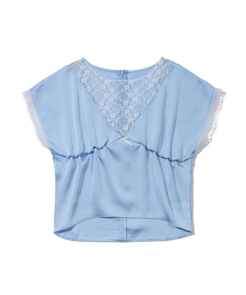 YOUHEE Ribbon Lace Shirring Blouse Light_Blue