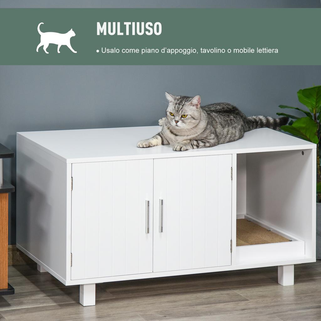 Wooden Cat Litter Box Cabinet with 2 Doors and Side Opening with Scratching Post, White