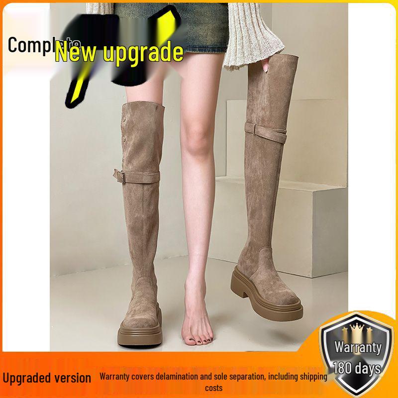 Women's 2025 Aut/Win Thick-Soled Over-the-Knee Foldable Knight Boots - Chunky Heel in Black/Khaki