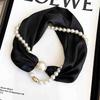 Elegant Satin Neck Scarf for Women with 2 in 1 Pearl Chain Necklace Buckle Lightweight Soft Shawl Gift for Party Office Wear