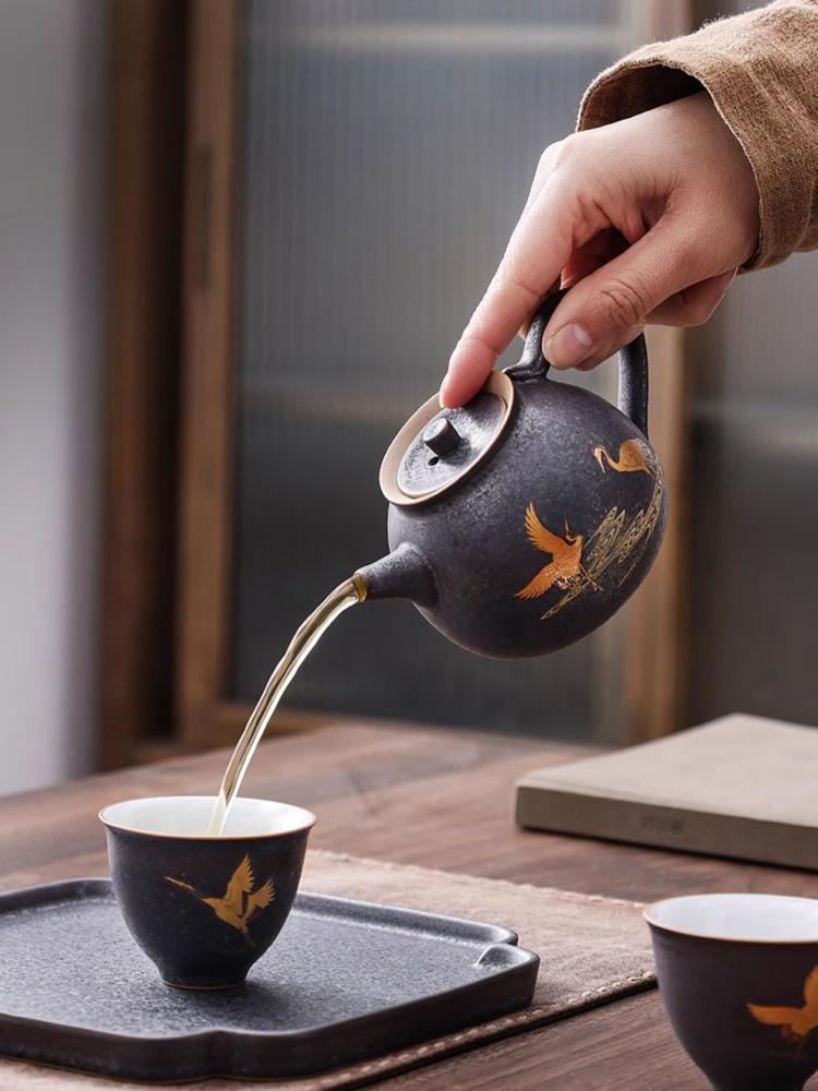 Crane Retro Japanese Style Teapot Vintage Ceramic Kung Fu Tea Little Pot of Dan Hu Pu'er Tea Tea Kettle Teaware