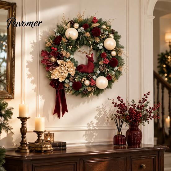 Luxurious Holiday Wreath for Entrance Flocked Christmas with Red Reindeer, Velvet Flocking Hanging Artificial Pine Durable Winter Porch Cones,