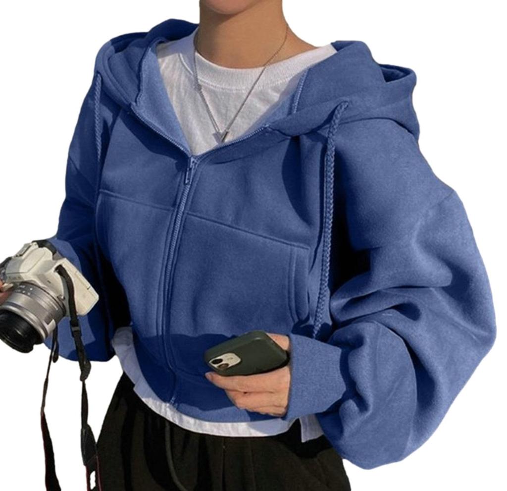 Andrei Short Brushed Cold [andrei] Hoodie, Zip-up, Length, Cropped, Lining, Hooded, Pockets, Warm, Protection, Women's (Blue, XL)