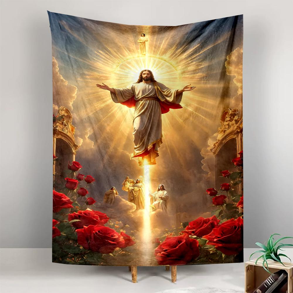 Jesus Ascension Roses Light Heavenly Clouds Patterned Tapestry for Bedroom and Living Room Home Decor Sofas