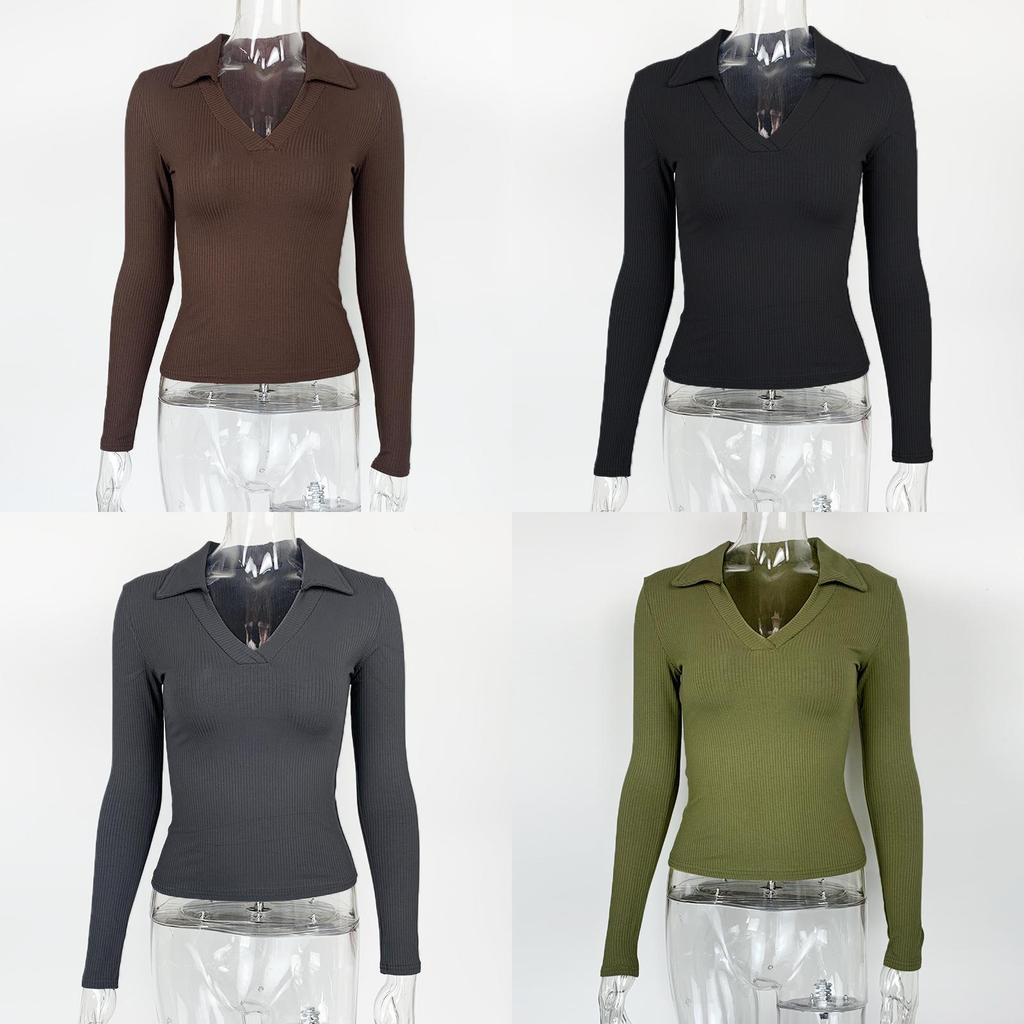 Elegant Long Sleeve Polo Shirt For Women With Pure Cotton Stripes And Slim Fit Design
