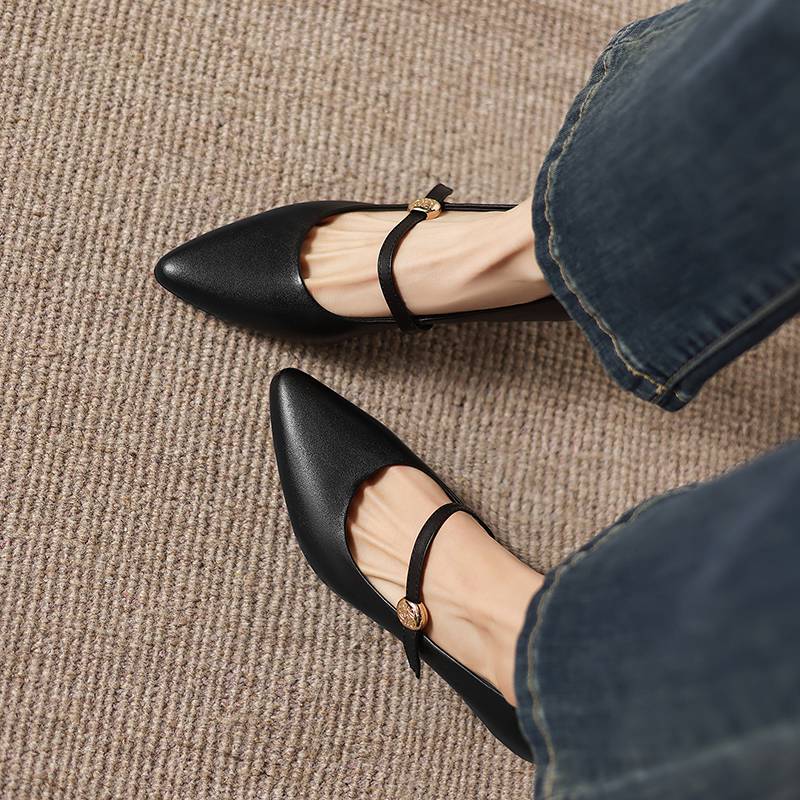 Krazing Pot Genuine Leather Round Toe Thin Heels Summer Shoes Solid Big Size 42 Shallow Decoration buckle Women Shallow Pumps