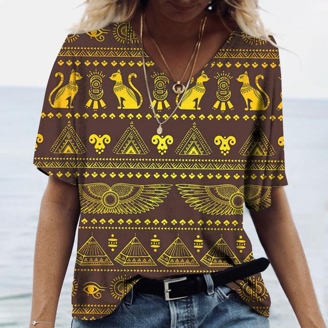 2023 Women's V-neck T-shirt Street Ancient Egyptian Ethnic Costume Print Women's Top Short Sleeve Casual Fashion Women Clothing