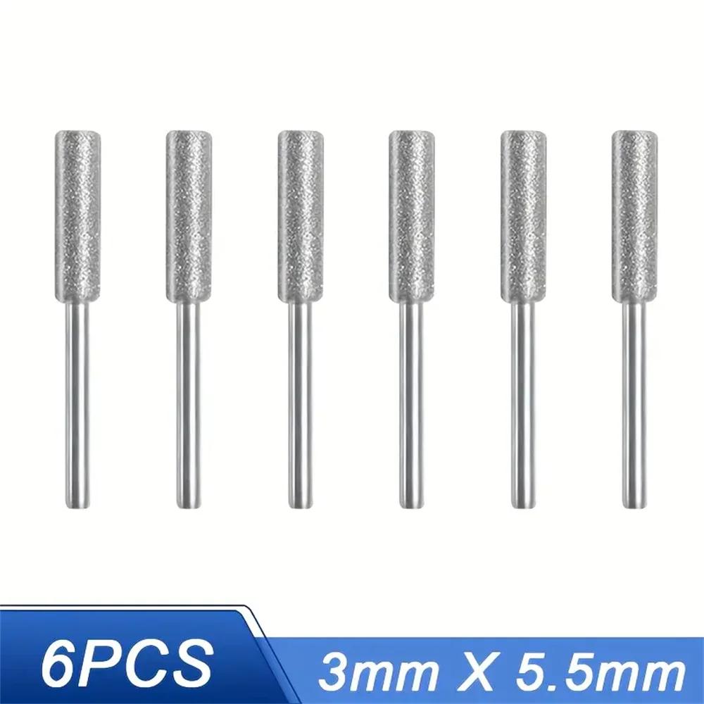 6pcs Diamond Coated Cylindrical Burr 4/4.8/5.5mm Chainsaw Sharpener Stone File Chain Sharpening Carving Grinding Tools Kits