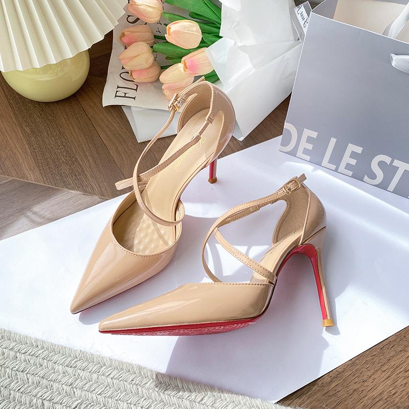 Nude high heels women's stilettos new summer sexy royal sister cross strap pointed head red sole bag head sandals