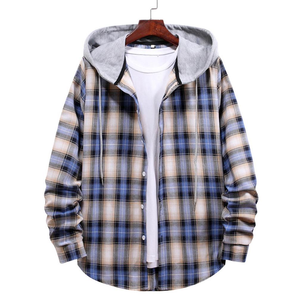 Men Casual Plaid Shirt Hooded Shirts Oversized Casual Shirt Men's Clothes European American Style Handsome Holiday Checked Shirt