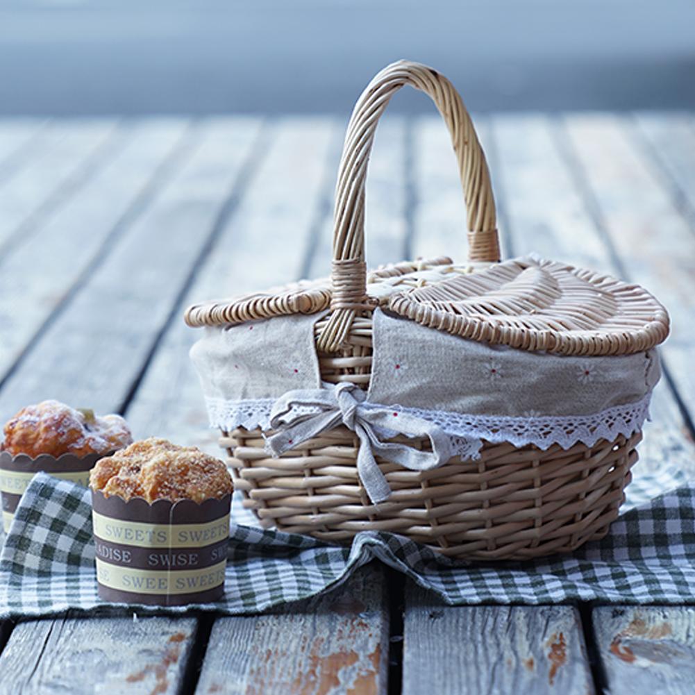 Wicker Picnic Basket with Handle Picnic Willow Woven Storage Hamper Outdoor Camping Picnic Fruit Basket Container