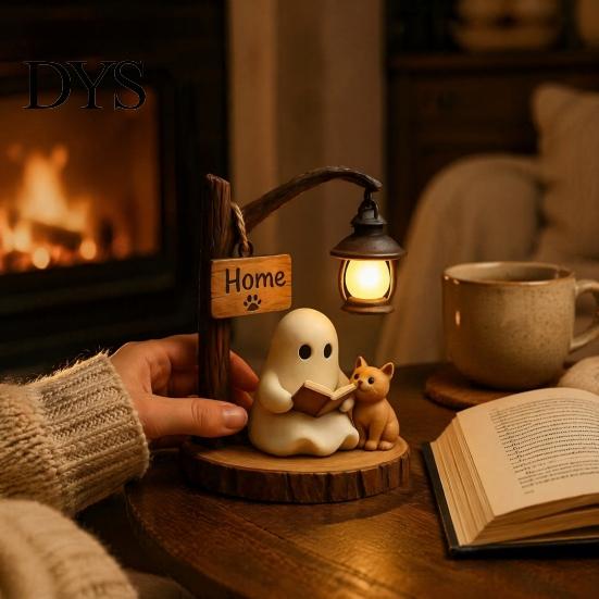 Statua Fantasma Gatto in Resina Halloween Statuetta da Lettura, Statua con Lampione Stradale Illuminato a LED, Decorazione da Scrivania per Festa di Compleanno Decorativa