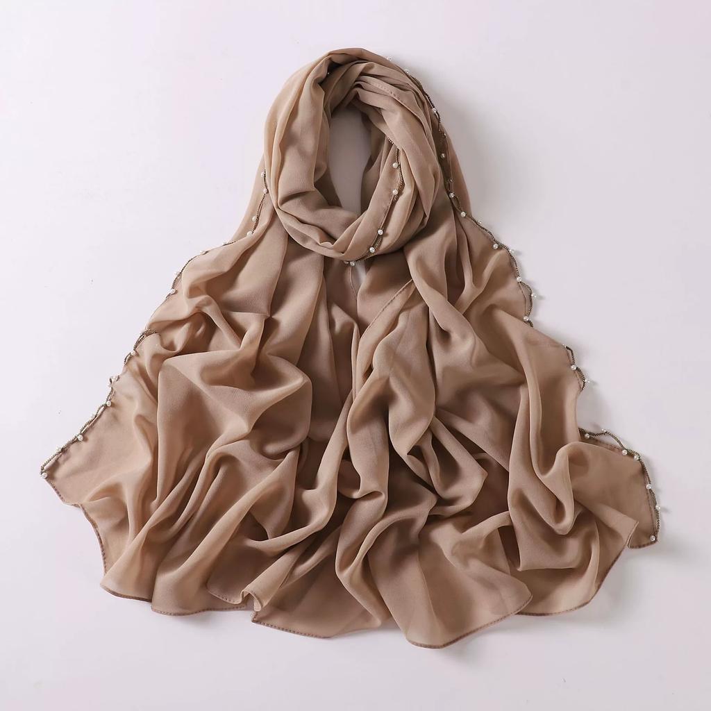 Fashion Chiffon Hijab With Chains And Beads Solid Muslim Headscarf With Rhinestones Wraps Long Shawls Islamic Headband Turban