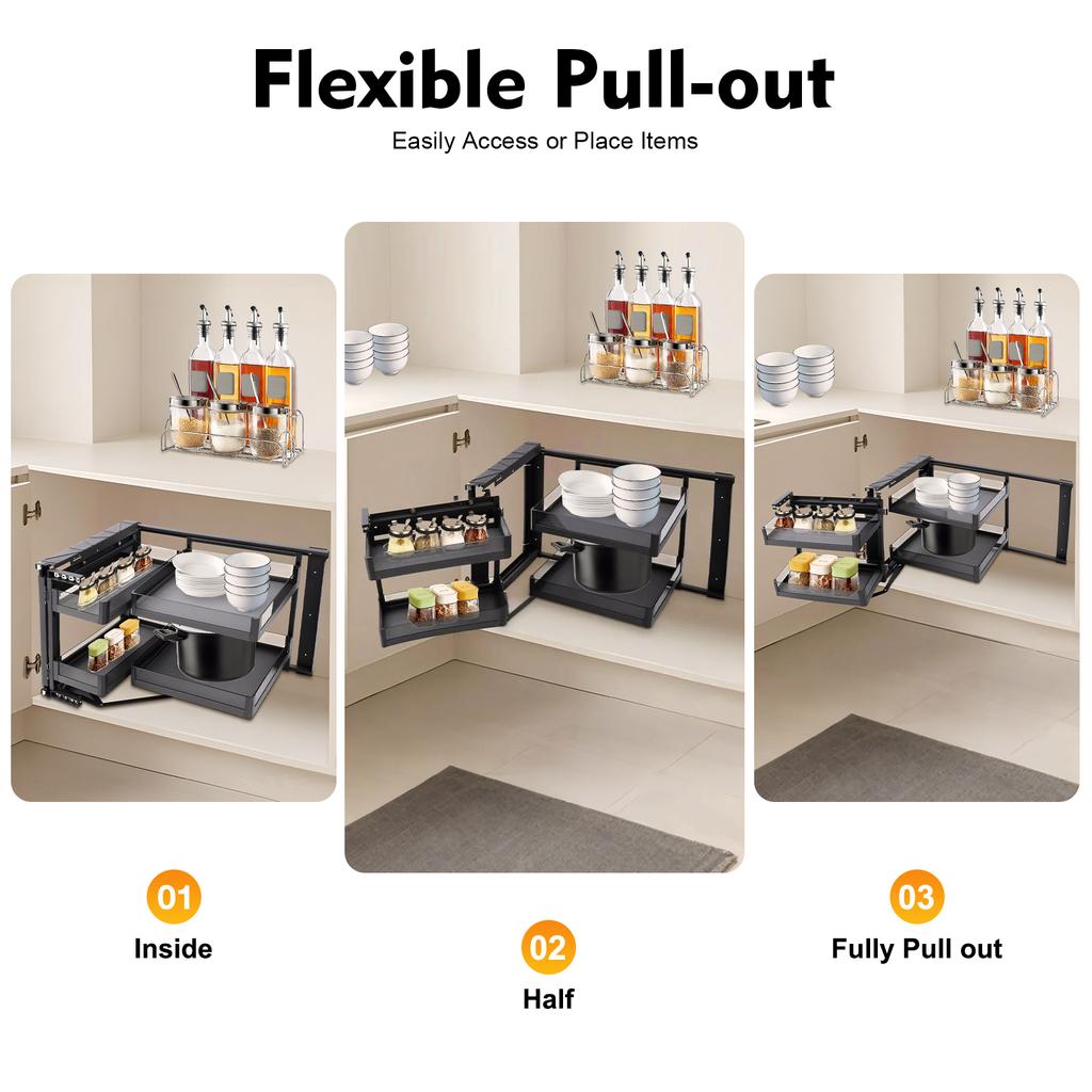 14 In Full Extension Blind Corner Pull Out, Cabinet Organizer Swing Out Tray, 2 Tier Magic Corner Lazy Susan Storage Solution