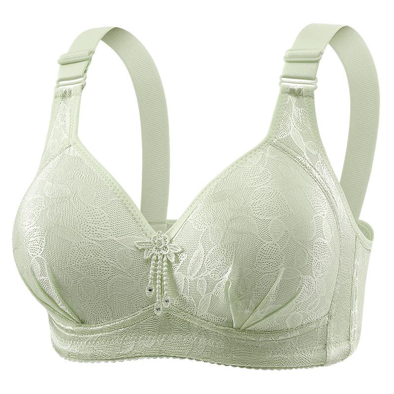 Large size gathering without steel rims, comfortable and breathable bra, lace fabric, four button thin mold cup, side folding underwear