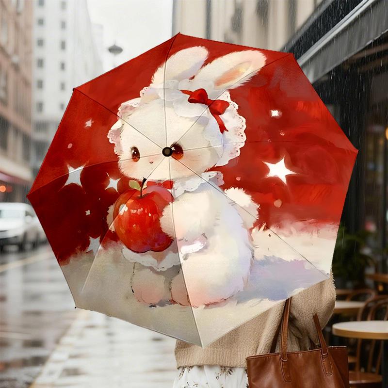Adorable Bunny with Apple Print Umbrella - Auto Open/Closed, Outdoor Protection, Lightweight & Durable Travel Accessory 132