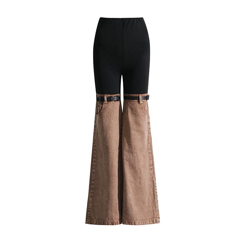 Spring 2026 High-Waisted Color Block Patchwork Flared Jeans – Slimming Wide-Leg Women s Pants Medium