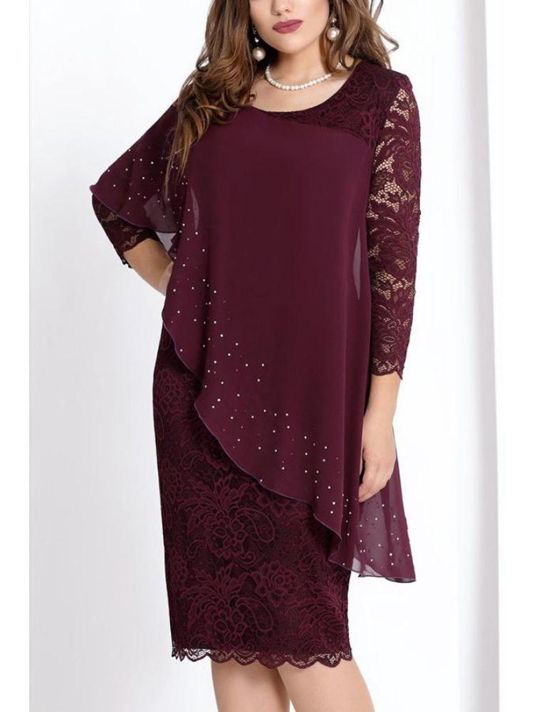 Elegant Slim Solid Color Lace Trim Three Quarter Sleeves Dress