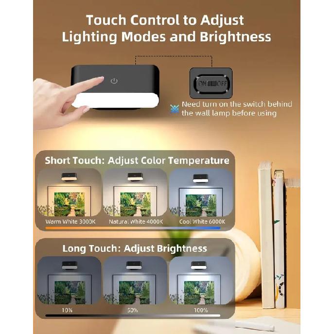

2 Magnetic Wall Lamps LED Smart Lights USB Rechargeable Night Light with Remote Control 3 Modes Dimmable Bedside Bedroom Reading