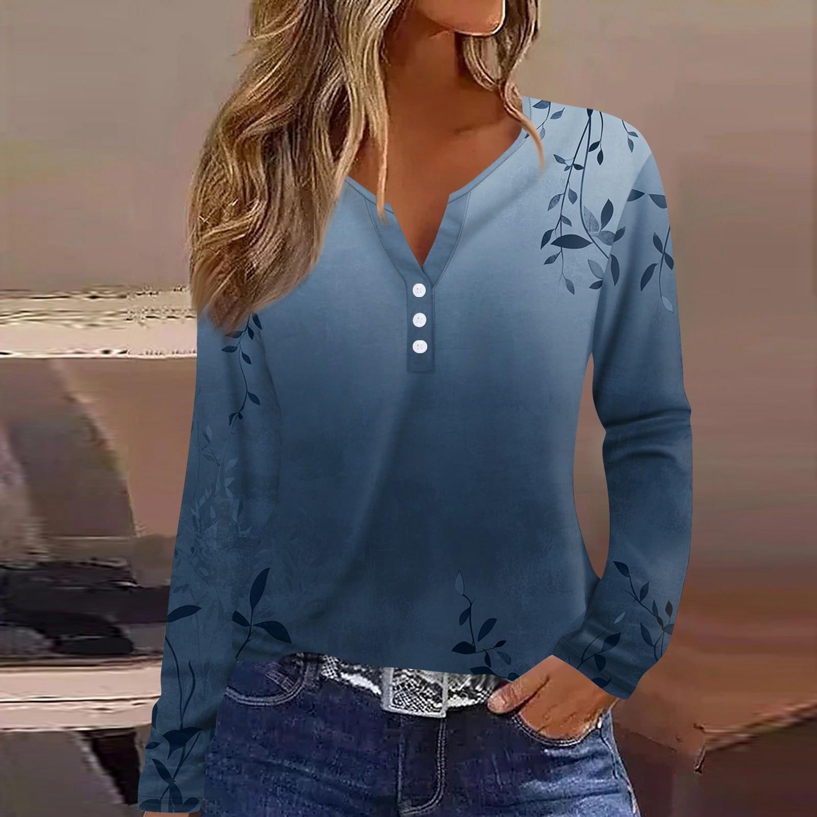 Жен. Футболка Футболка С принтом Пуговицы Длинный рукав Повседневные Выходные Мода — фото 13