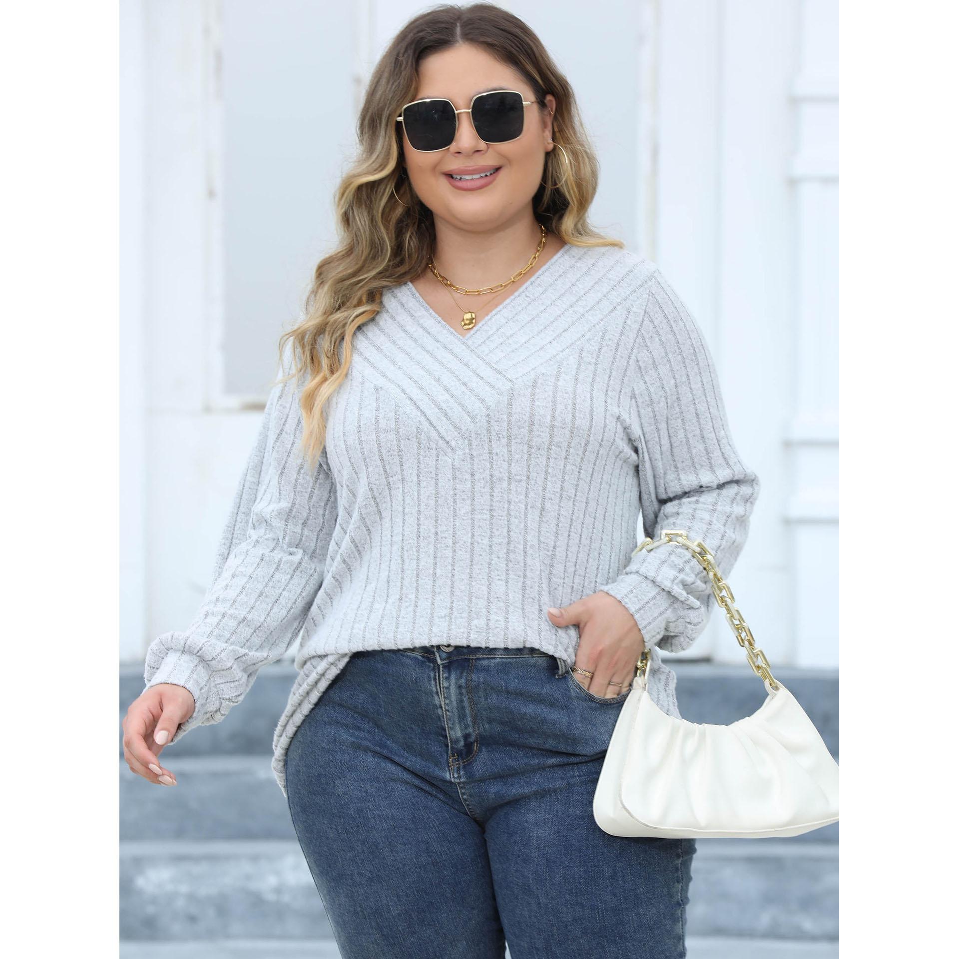 

Женские футболки с длинным рукавом больших размеров, весенне-осенние модные однотонные трикотажные футболки в рубчик с v-образным вырезом, повседневные топы, женская одежда M серый