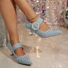 Fashion Vintage Denim Pointed Toe High Heels Pumps Women 2025 Silver Glitter Buckle Sandals Women Rivet Decoration Dress Party Shoes