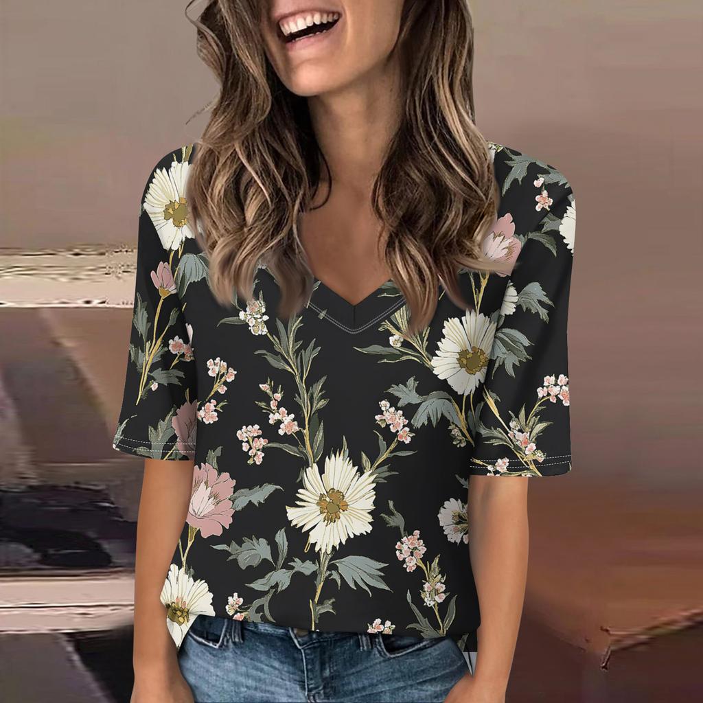 Women's Fashionable Casual Short-sleeved Five-quarter Sleeve Floral Print V-neck Top