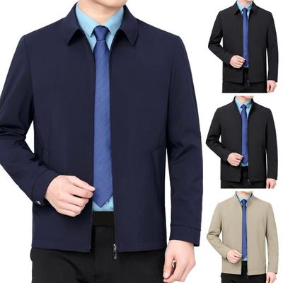 Men Business Jacket Lapel Collar Long Sleeve Solid Color Zipper Cardigan Slim Fit Casual Coat Outerwear