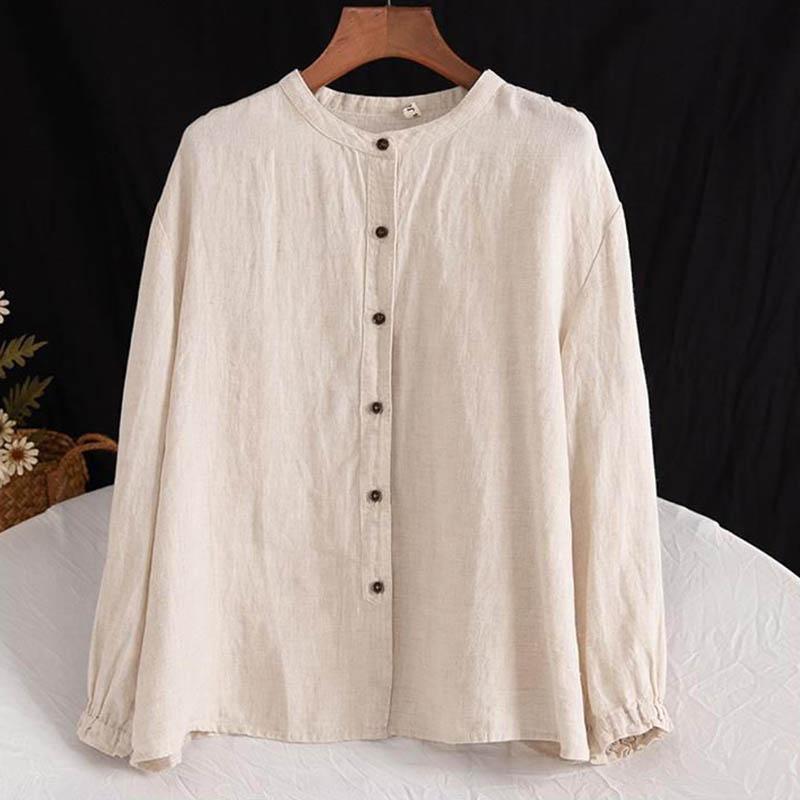 Cotton Linen Shirt Literary and Retro Style Women's Loose Round Neck Shirt Casual Thin Coat Close-up Sleeve Top Spring and Autumn