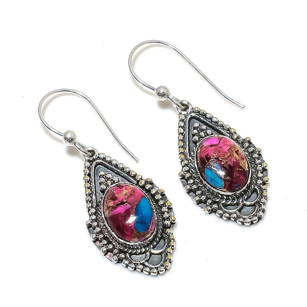 Natural Kingman Spiny Oyster Gemstone Earrings, 925 Sterling Silver Earring, Handmade Boho Silver Jewelry Dangle Earrings, Easter Gifts