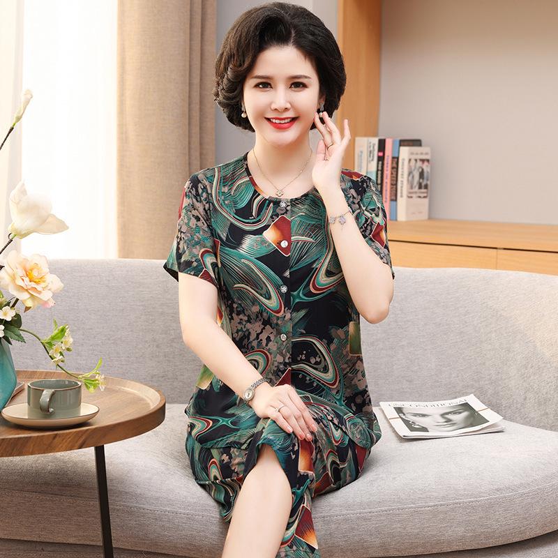 Women's Cotton Silk Short-Sleeve Pajama Set for Middle-Aged and Elderly