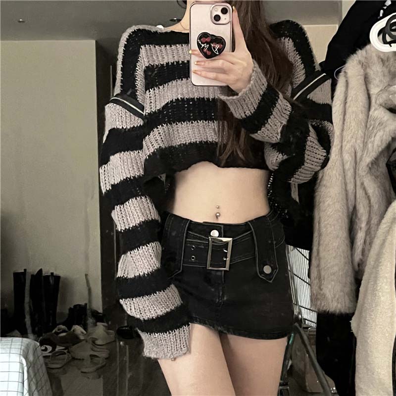 Gothic Ladies Sweater Crew Neck Long Sleeve Striped Cropped Knit Sweater Y2K Sexy Top Off-the-shoulder Zipper Design New Fashion