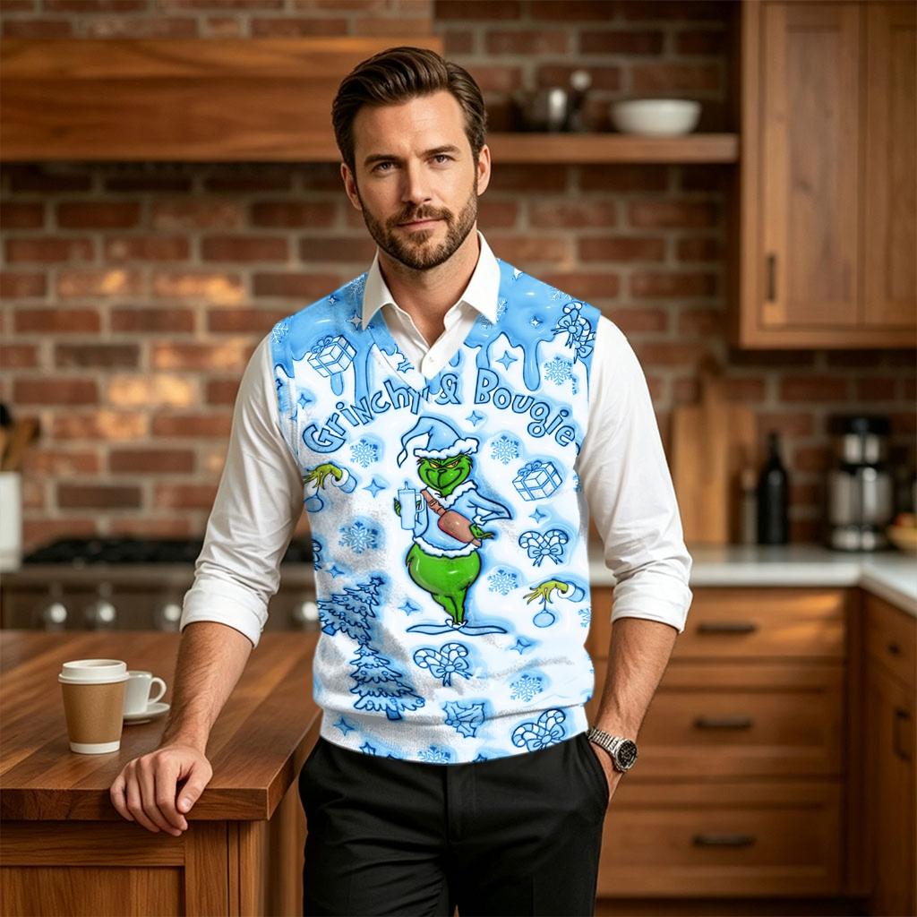 Men's Casual Wool V-Neck Sweater Vest with Christmas Print for Commute and Daily Wear
