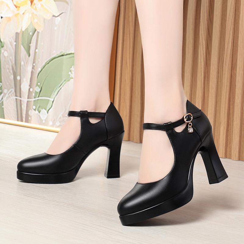 Miękkie skórzane buty robocze model jednosłowowa klamra wodoodporny stół gruby obcas zintegrowany z butami do tańca z czongsam wysokie obcasy damski rozmiar 34