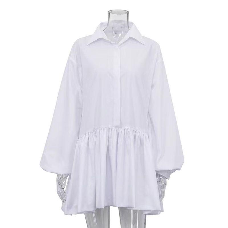 

Fashion Wind New Arrival Solid Color Polo Collar Puff Sleeve Shirt Dress Bubble Sleeved Shirt Dress White L