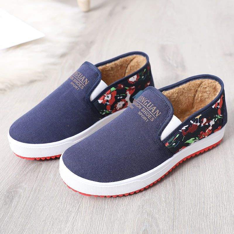 

Autumn and winter Beijing old cloth shoes women s shoes Korean version one-pedal lazy cotton shoes flat canvas shoes velvet warm casual shoes 40 синий