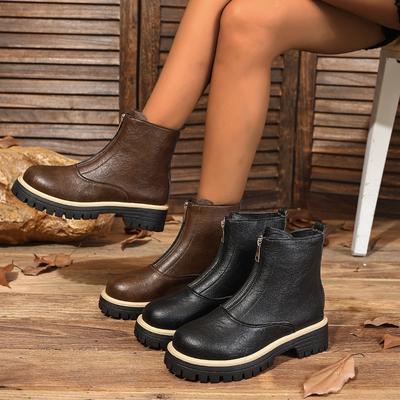 Autumn and Winter New Middle Heel Round Head Martin Boots Children's Front Zipper Large Size Women's Short Boots