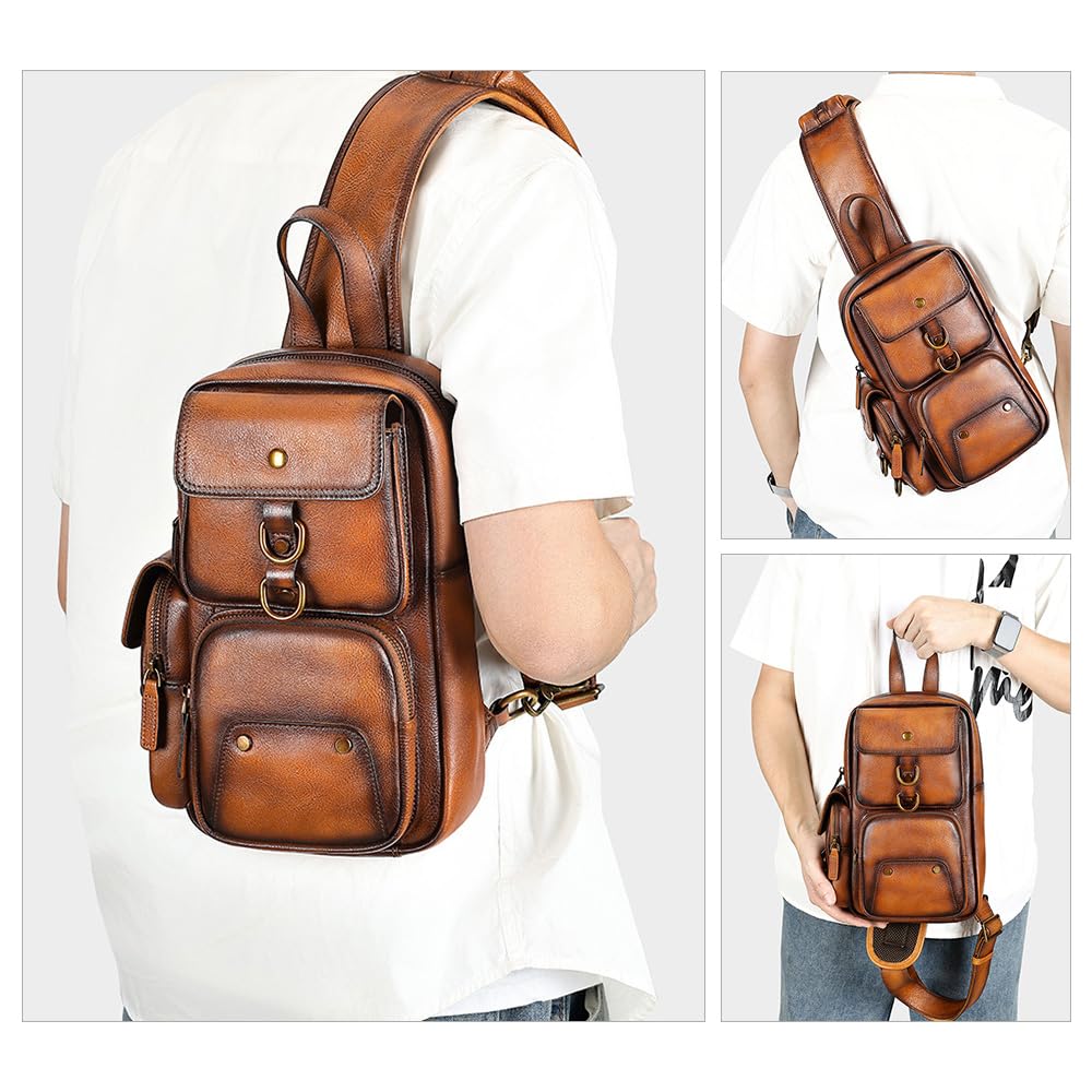 Whatna Antique-Style Tanned Natural Cowhide Leather One-Shoulder Men's Body Bag, Chest Bag, Crossbody Bag, Genuine Leather, Thick Leather, Gift for