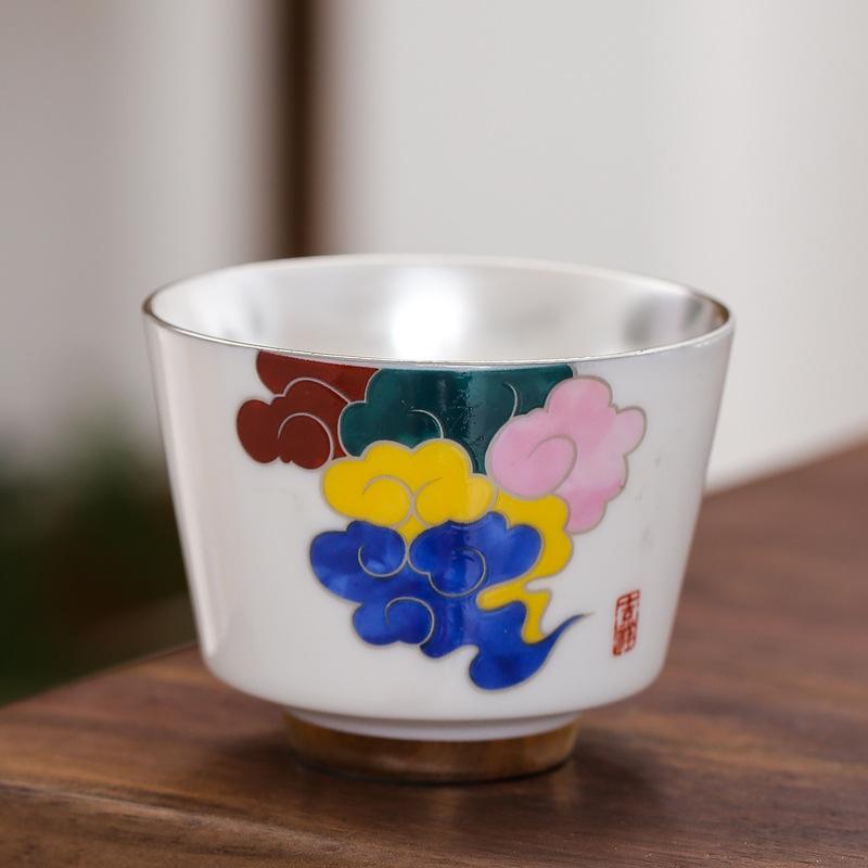 NEW Enamel Color 999 Pure Silver Inner Liner Ruihe Kung Fu Tea Master Cup Home Set Gift Box
