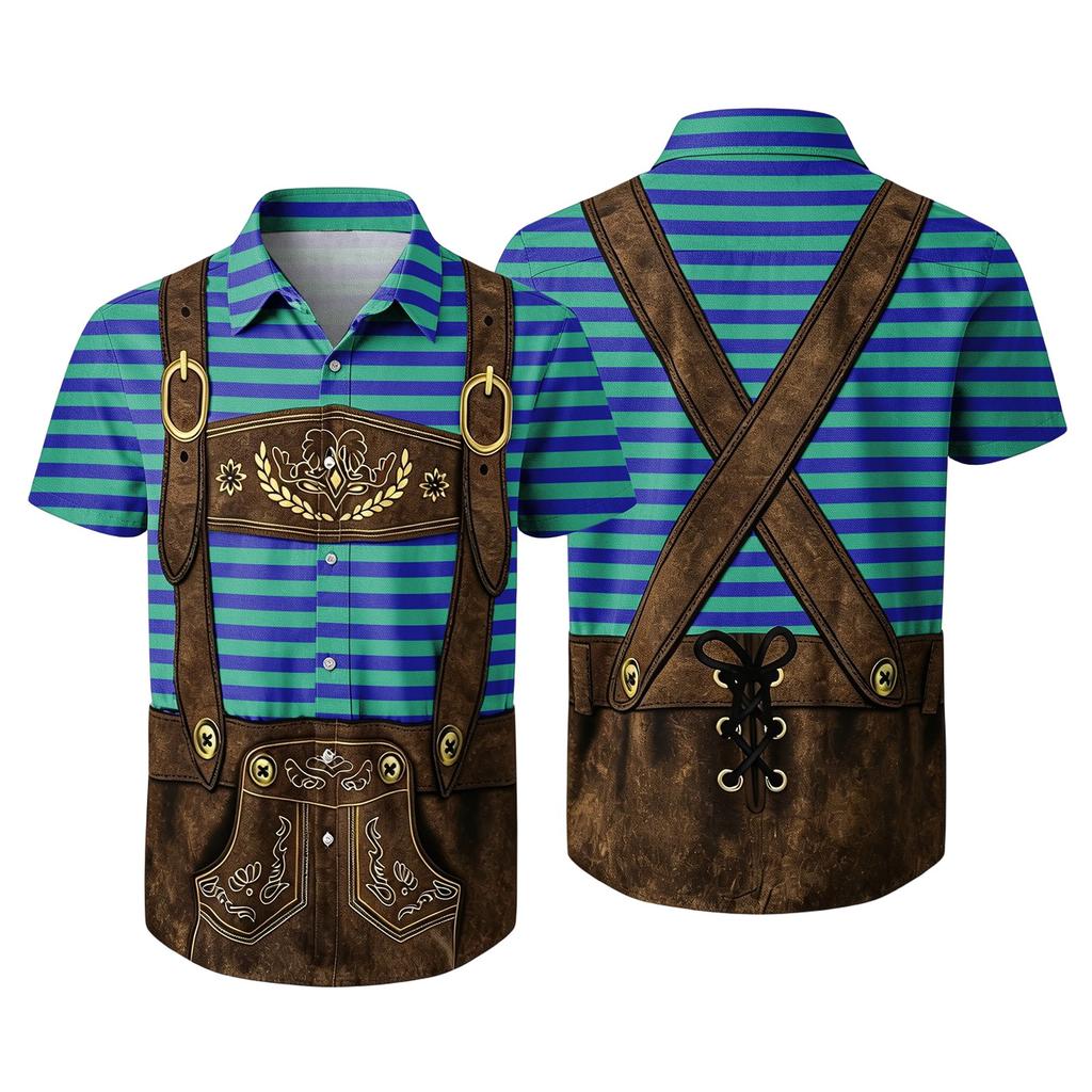 Men's Short Sleeve Button Up Shirt Festival Retro Beer Elements Print Casual Loose Fit Party Daily Wear Shirt
