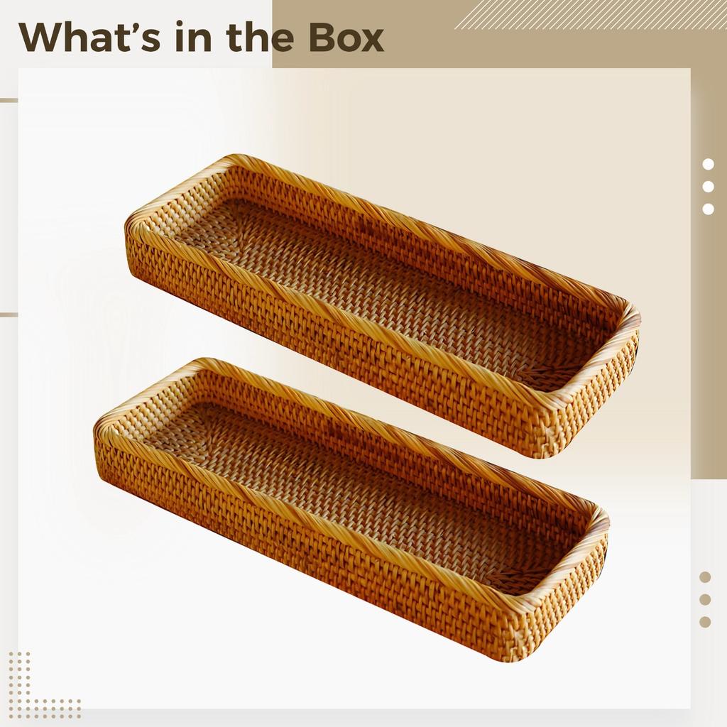 2 Pack Rattan Bathroom Vanity Tray, Handwoven Rectangular Organizer Tray, 15 x 5.1 x 2 in / 38 x 13 x 5 cm, Natural Rattan Serving Tray