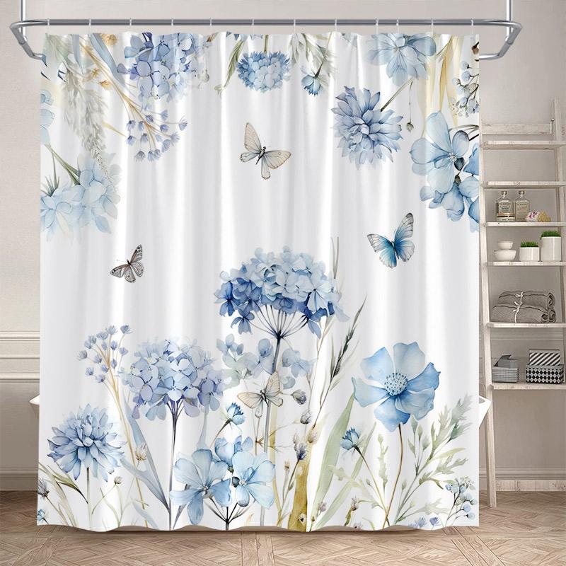 Butterfly Floral Shower Curtains Watercolor Purple Lavender Hummingbird Dragonfly Flower Plant Bathroom Curtain Decor with Hooks