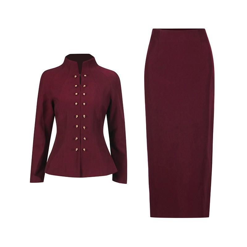 French Retro Elegant Style Suit Standing Collar Waist Invisible Hook Button Coat High Skirt Women's